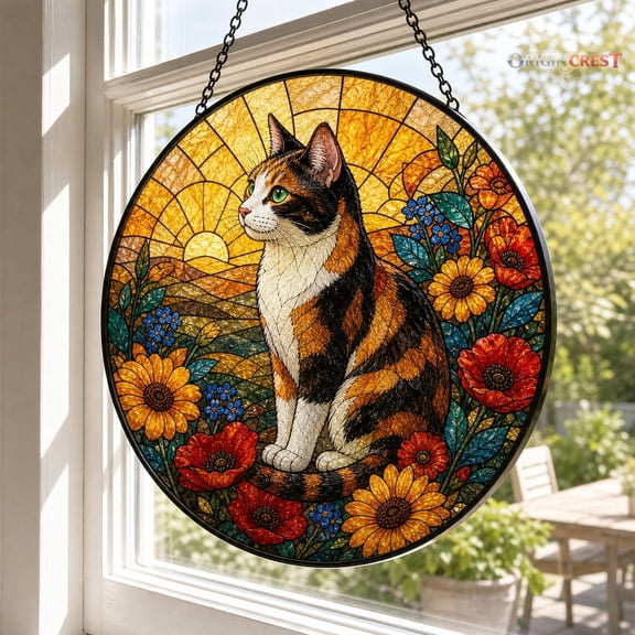 Calico Cat Stained Glass Suncatcher with Wildflowers - Cat Window Hanging Sun Catcher Gift for Cat Lovers
