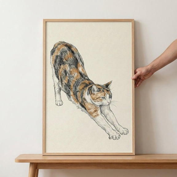 Calico Cat Stretching Sketch Wall Decor Unframed Paper Print
