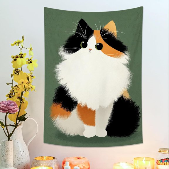 Calico Cat Tapestry, Black Orange White Wall Art, Cute Animal Decor for Fall Seasonal Home, Cozy Aesthetic for Bedroom, Living Room, Cat Lovers 30x40 Inch