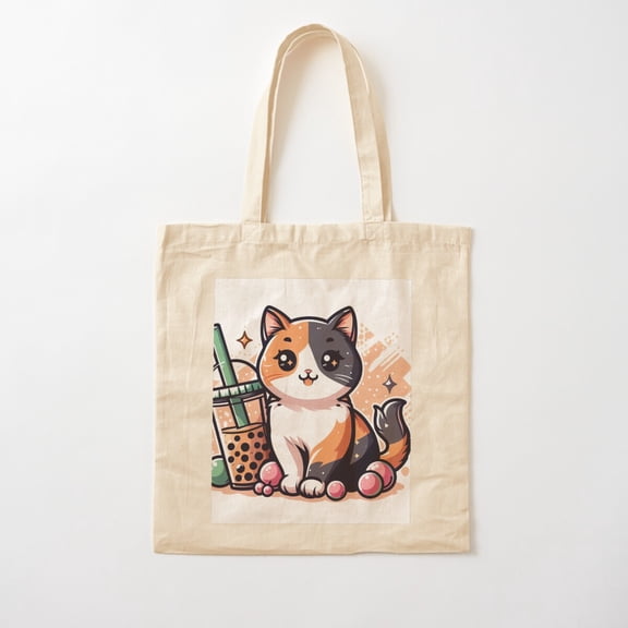 Calico Cat With Boba Tea Canvas Tote Bags, Reusable Shopping Bag