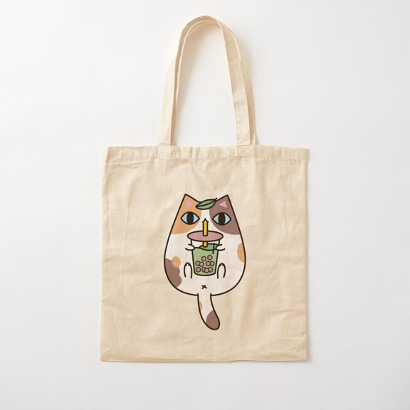Calico Cat With Boba Tea Variant 2 Canvas Tote Bags, Reusable Shopping Bag