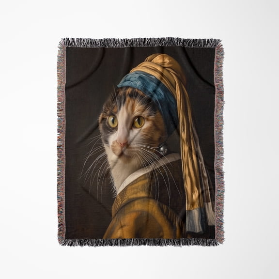 Calico Cat With Pearl Earring Golden Age Painting, Woven Blanket