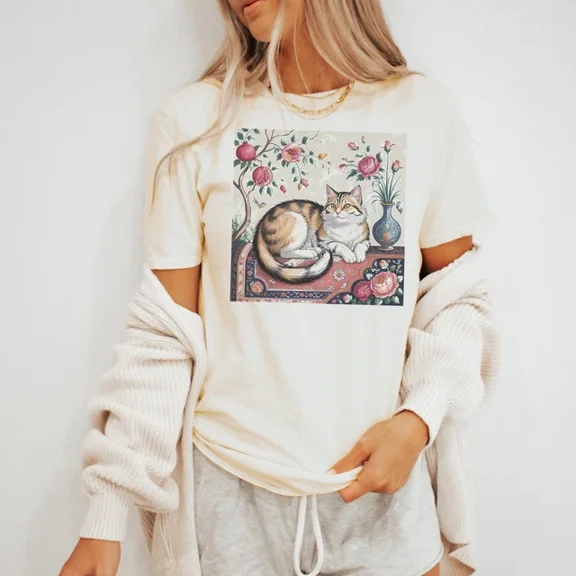 Calico Cat With Roses Graphic Tee Botanical Art Print Shirt Size S-5Xl Heygategoo Tee