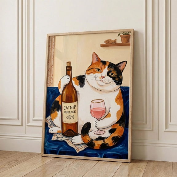 Calico Cat With Wine Cat Retro Bar Cart Poster Unframed Paper Print