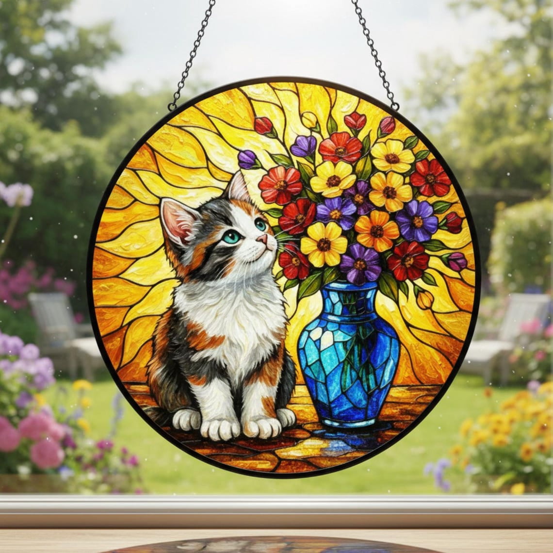 Calico Cat and Colorful Flower Vase Glass Suncatcher, Floral Garden ...