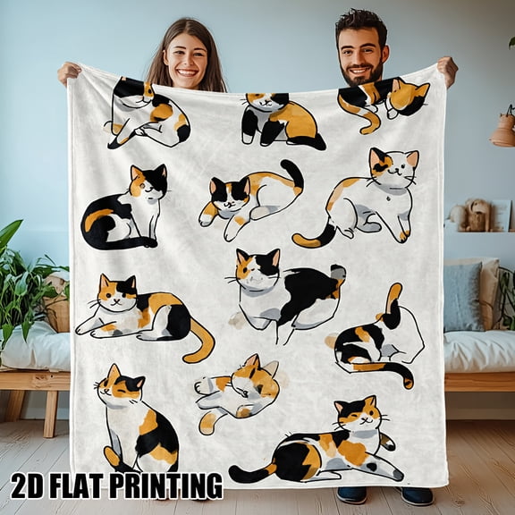 Calico Cats Frolic Print Flannel Throw Blanket Warm for Sofa Bed Travel All Season for Home Office Machine Washable Home Decor Playful Pattern Durable Material Home Decorators Cozy Home