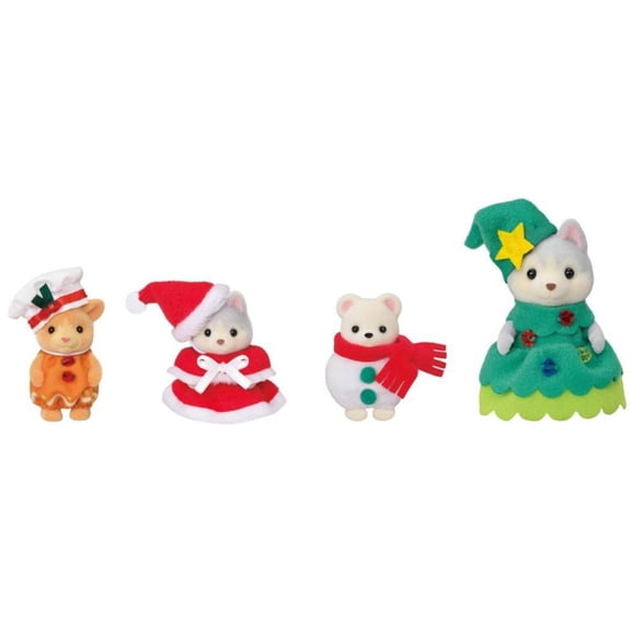 Calico Critters Christmas Holiday Themed Husky & Baby Figurines, Set of 4