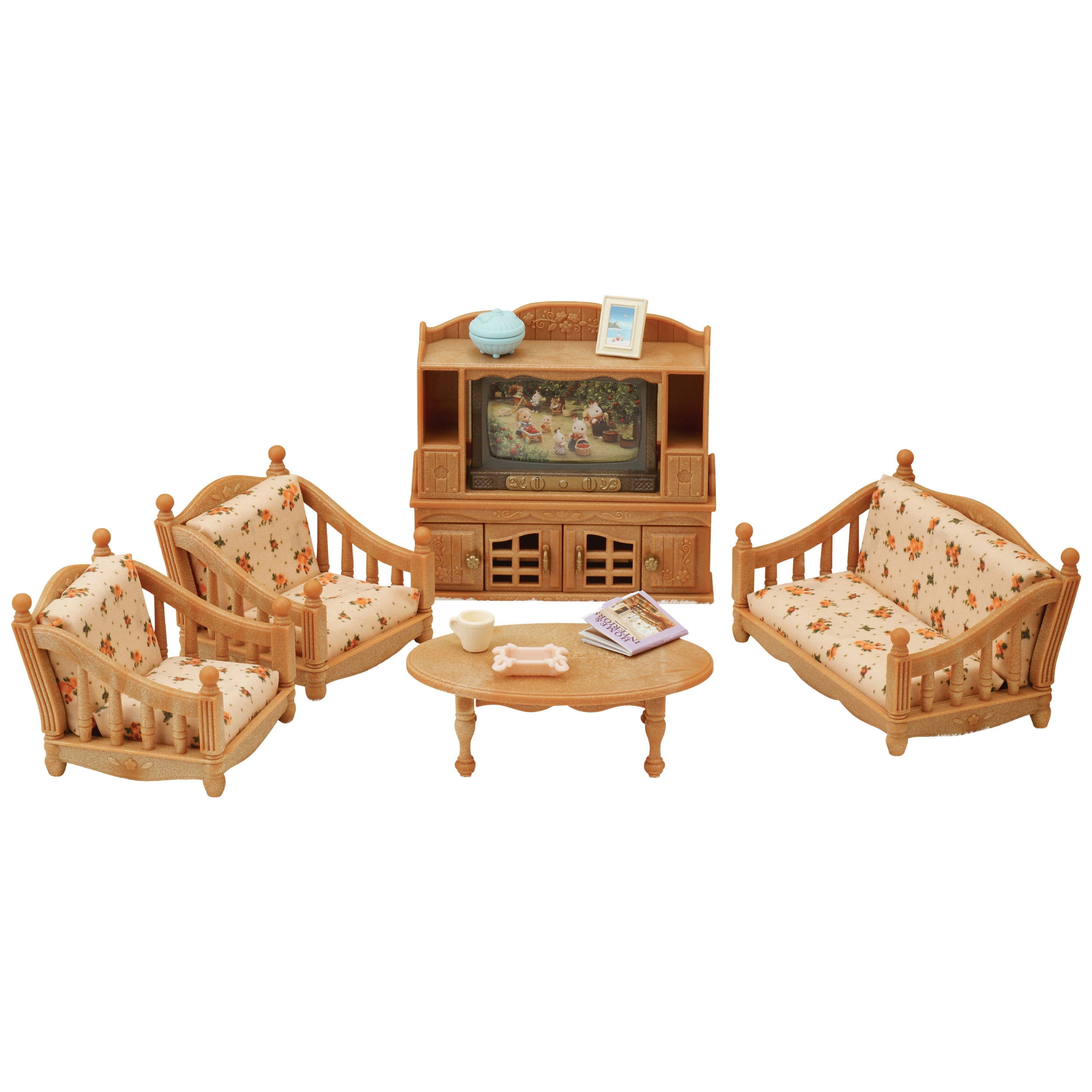 Miniature Wooden Living Room Set with Floral Cushions