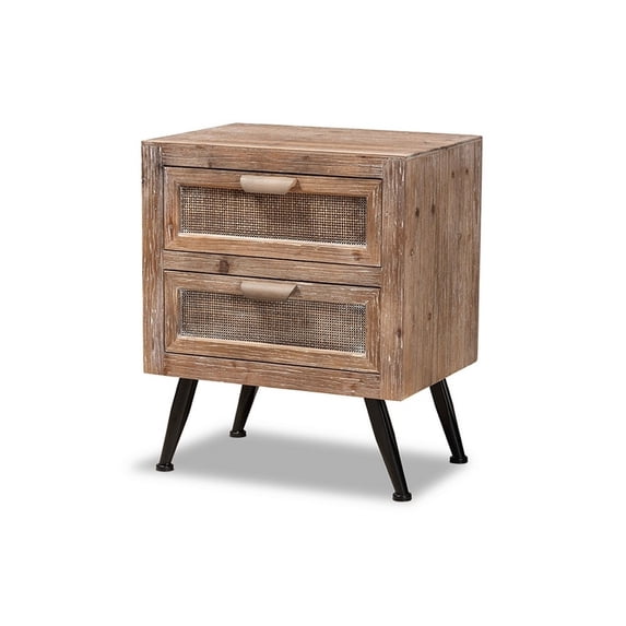 Calida Mid-Century Modern Whitewashed Natural Brown Finished Wood and Rattan 2-Drawer Nightstand