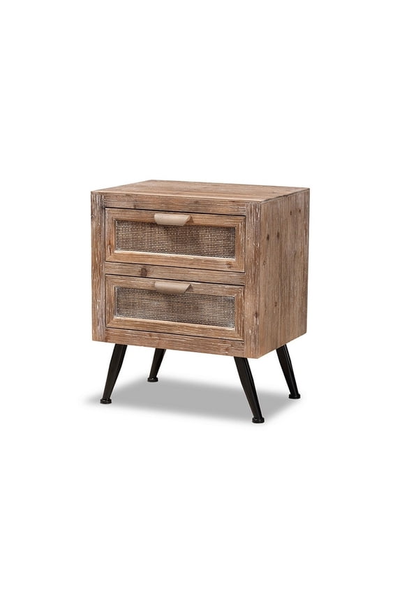 Calida Mid-Century Modern Whitewashed Natural Brown Finished Wood and Rattan 2-Drawer Nightstand