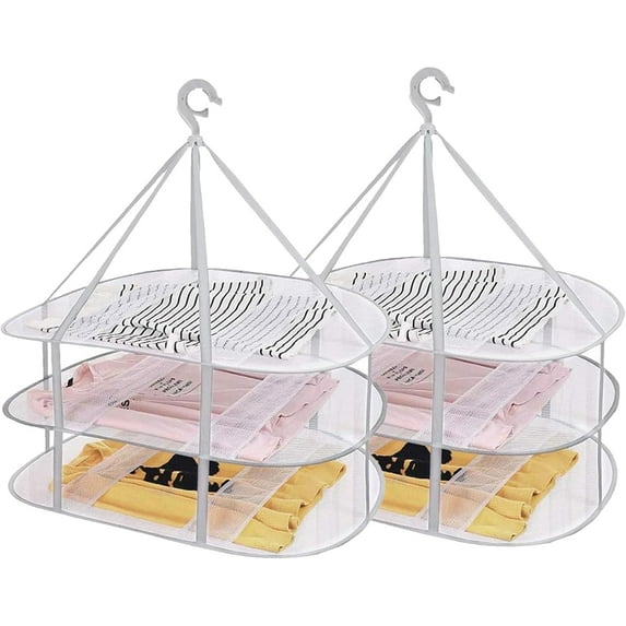 Caliee 2Pcs 3 Tier Hanging Sweater Drying Rack Flat Foldable Breathable Mesh Drying Rack Flat Square