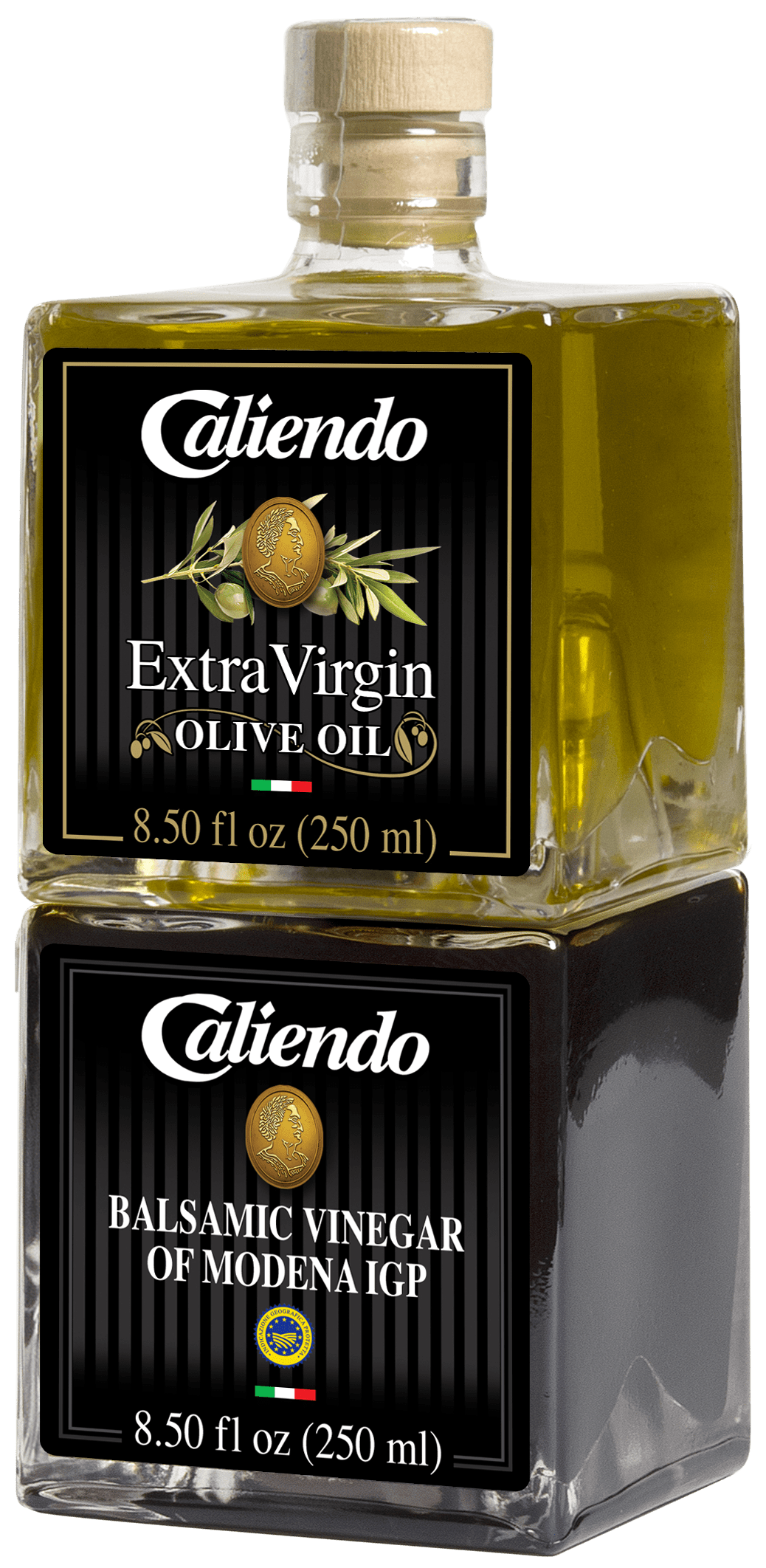 Caliendo NEW! Premium Extra Virgin Olive Oil & Balsamic Vinegar of Modena IGP Stackable Set, Authentic Italian - 17 fl oz Glass Bottles
