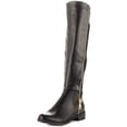 thumbnail image 1 of Caliente Point Up Black Vegan Leather Over Knee Gold Zipper Elastic Stretch Boot (6), 1 of 2