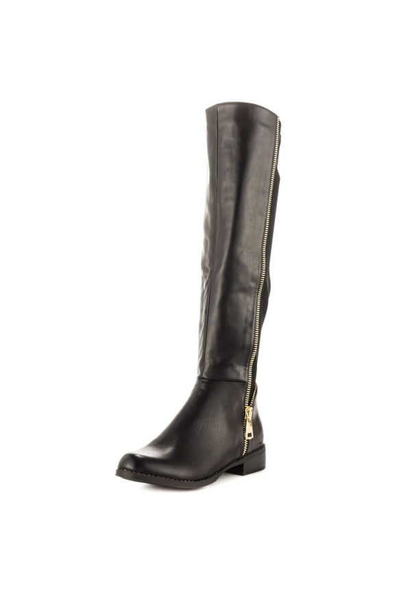Point Up Black Vegan Leather Over Knee Gold Zipper Elastic Stretch Boot (6)