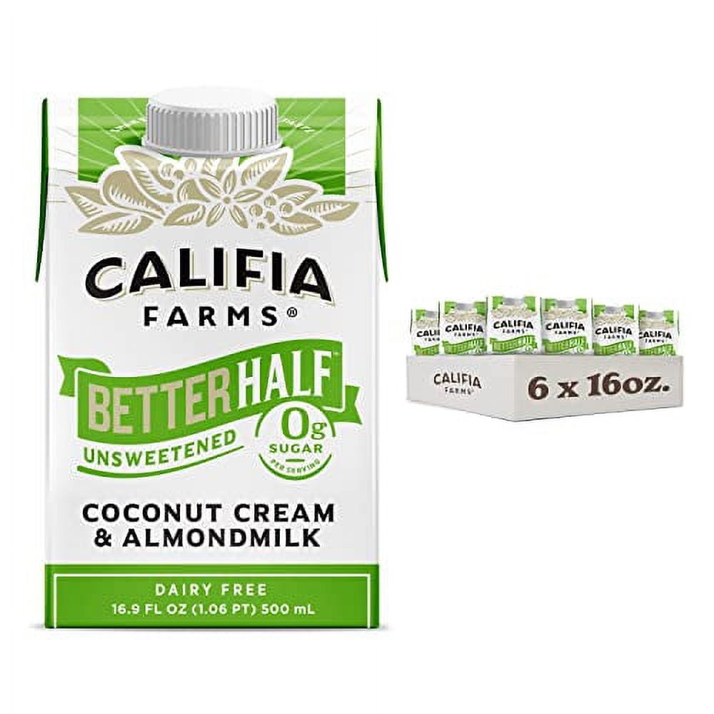 Califia Farms - Unsweetened Better Half, Half And Half Substitute, 16.9 Oz (Pack of 6), Almond Milk, Coconut Cream, Coffee Creamer, Keto, Shelf Stable, Dairy Free, Plant Based, Vegan