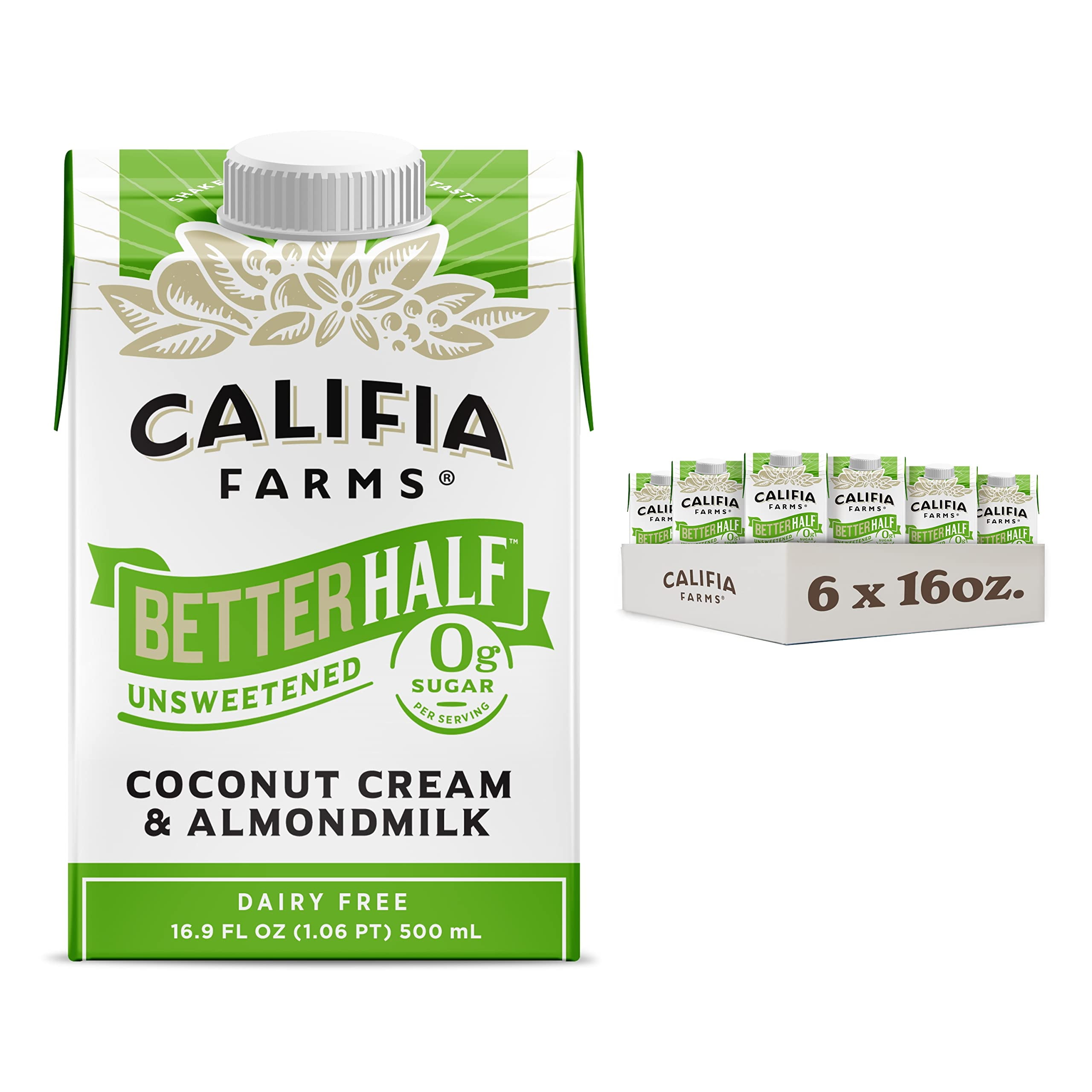 Califia Farms - Unsweetened OKA4Better Half, Half And Half Substitute, 16.9 Oz (Pack of 6), Almond Milk, Coconut Cream, Coffee Creamer, Keto, Shelf Stable, Dairy Free, Plant Based, Vegan