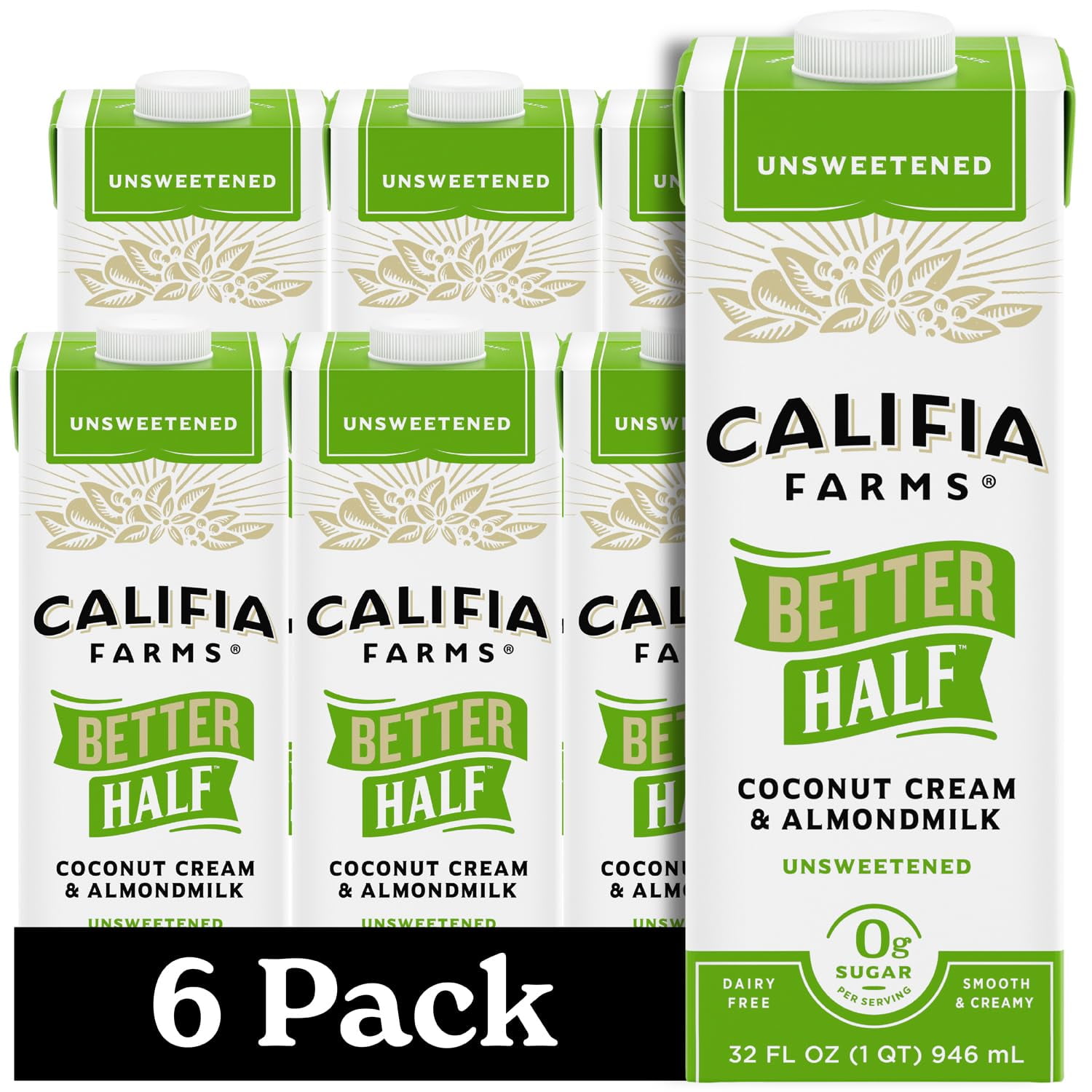 Califia Farms - Unsweetened OKA4Better Half, Half and Half Substitute, 32 Oz (Pack of 6), Almond Milk, Coconut Cream, Coffee Creamer, Keto, Shelf Stable, Dairy Free, Plant Based, Vegan