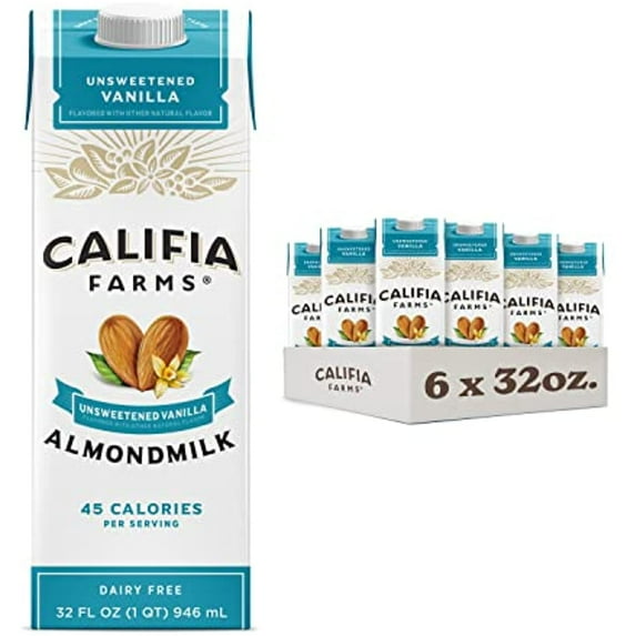 Califia Farms - Unsweetened Vanilla Almond Milk, 32 Oz (Pack of 6), Dairy Free, Vegan, Plant Based, Keto, Shelf Stable, Vegan, Gluten Free, Non GMO, Sugar Free, High Calcium, Smoothie