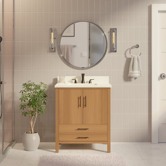California 30" Bathroom Vanity with Blonde Veneer Cabinet and Matte White Top
