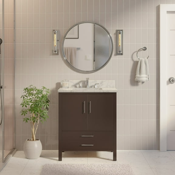 California 30" Bathroom Vanity with Chocolate Cabinet and Carrara Marble Top
