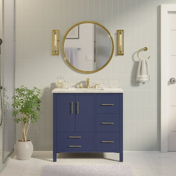 California 36" Bathroom Vanity with Royal Blue Cabinet and Carrara Marble Top