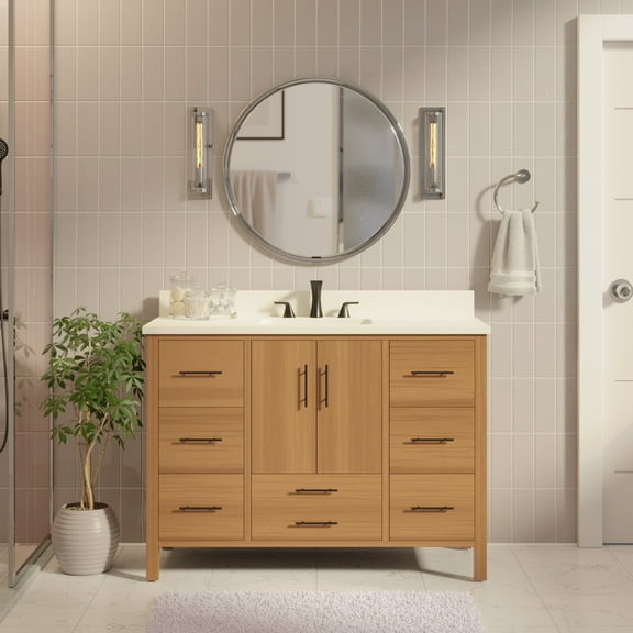 California 48" Bathroom Vanity with Blonde Veneer Cabinet and Matte White Top