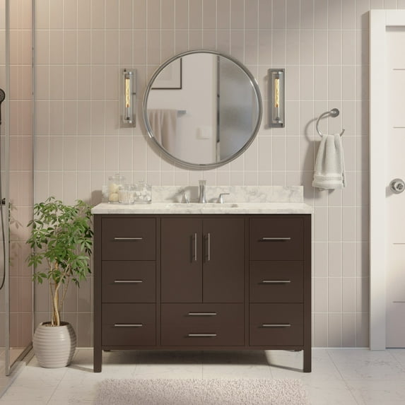 California 48" Bathroom Vanity with Chocolate Cabinet and Carrara Marble Top