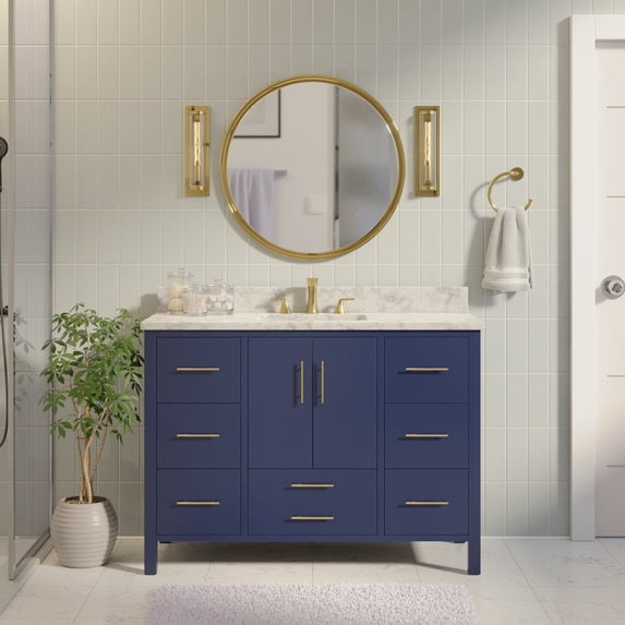 California 48" Bathroom Vanity with Royal Blue Cabinet and Carrara Marble Top