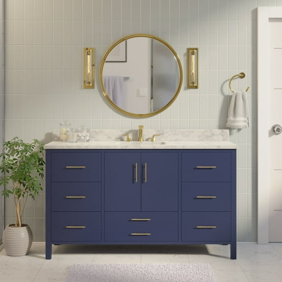 California 60" Single Bathroom Vanity with Royal Blue Cabinet and Carrara Marble Top