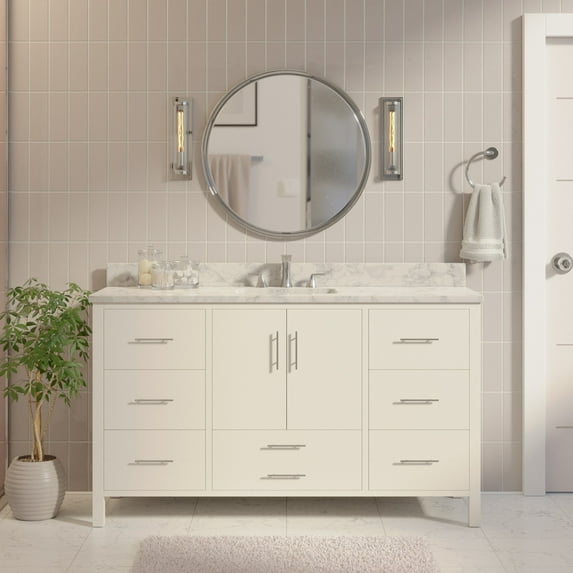California 60" Single Bathroom Vanity with White Cabinet and Carrara Marble Top