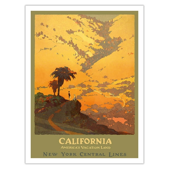 California - America's Vacation Land - New York Central Lines - Vintage Railroad Travel Poster by Jon O. Brubaker c.1920s - Fine Art Matte Paper Print (Unframed) 24x32in