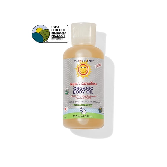 California Baby Super Sensitive Certified Organic Body Oil (4.5oz) This unscented massage oil is safe for even the most sensitive skin! Made with organic, non-GMO, cold pressed oils that w