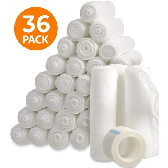 California Basics 4"x12' Gauze Bandage Rolls with Medical Tape, Rolled Gauze Wrap – White 36 Pack