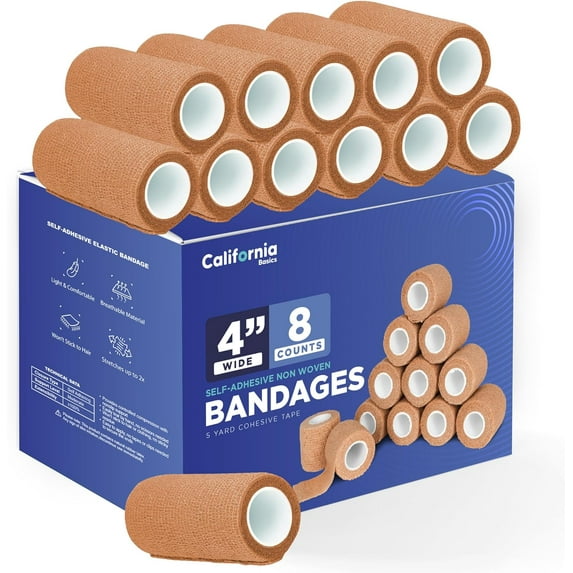 California Basics 4”x15’ Self-Adhesive Bandage Wrap, Cohesive Athletic Tape for Sports 8 Pack Brown