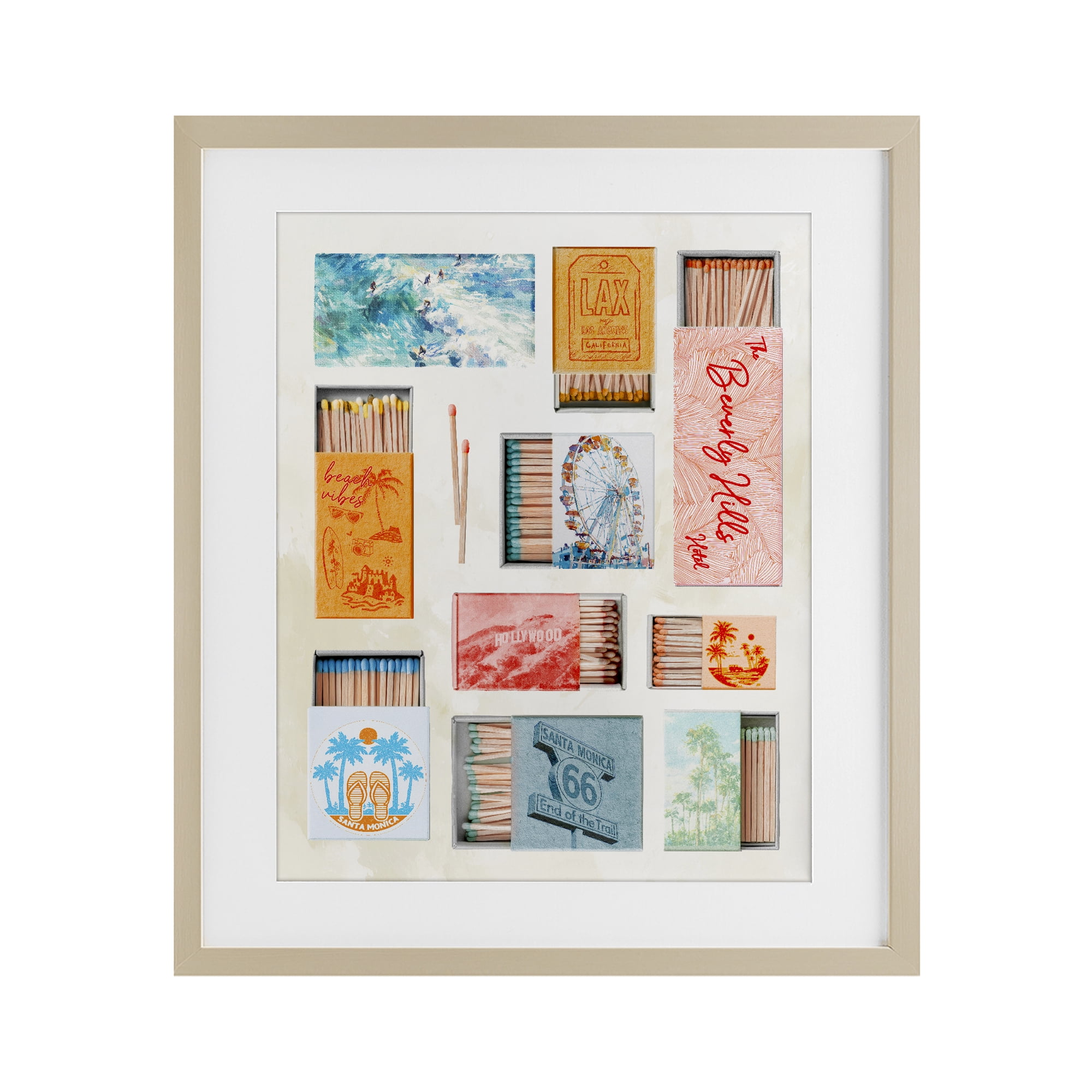 California Beach Matchboxes Birch Framed Print Under Glass, design by Ziwei Li