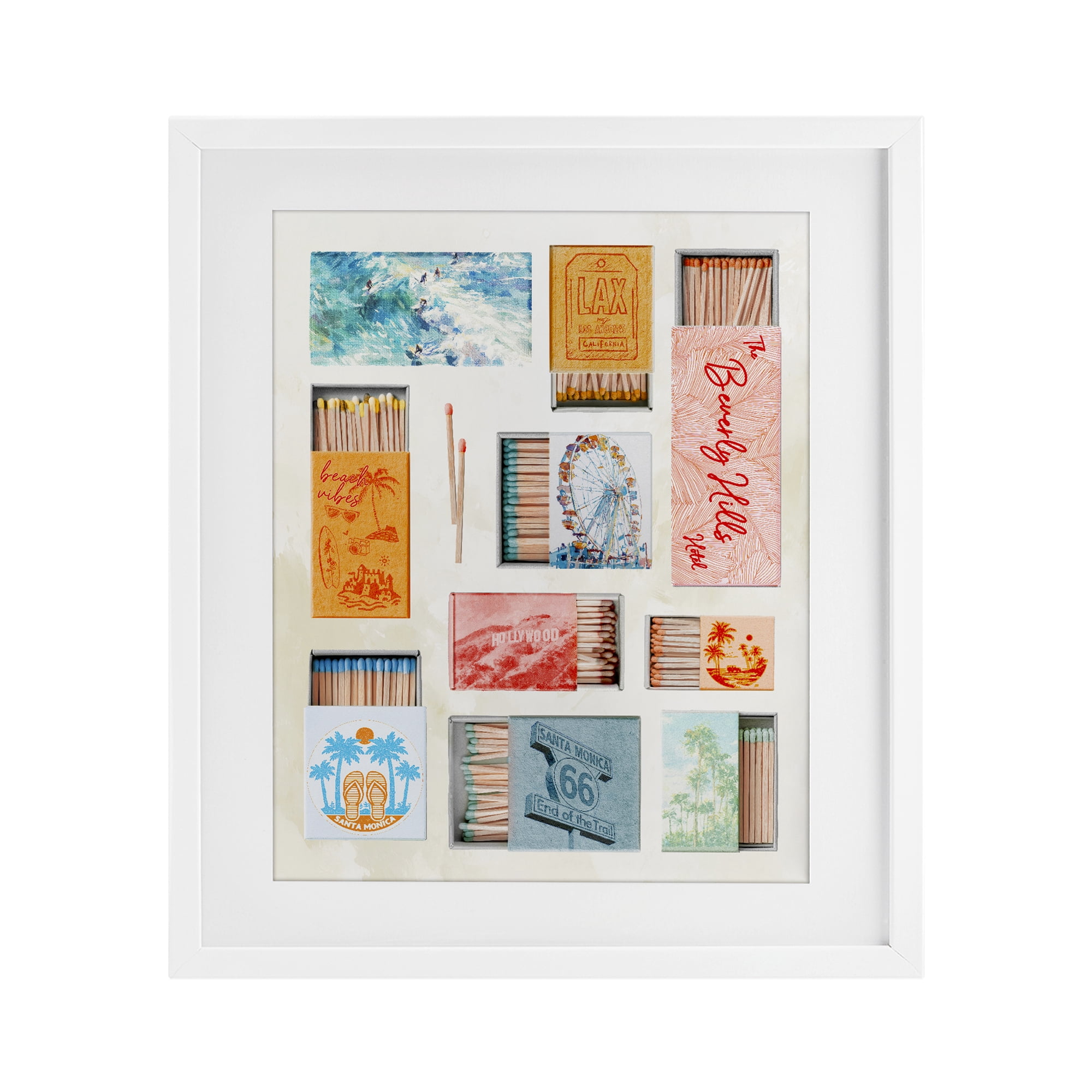 California Beach Matchboxes White Framed Print Under Glass, design by Ziwei Li