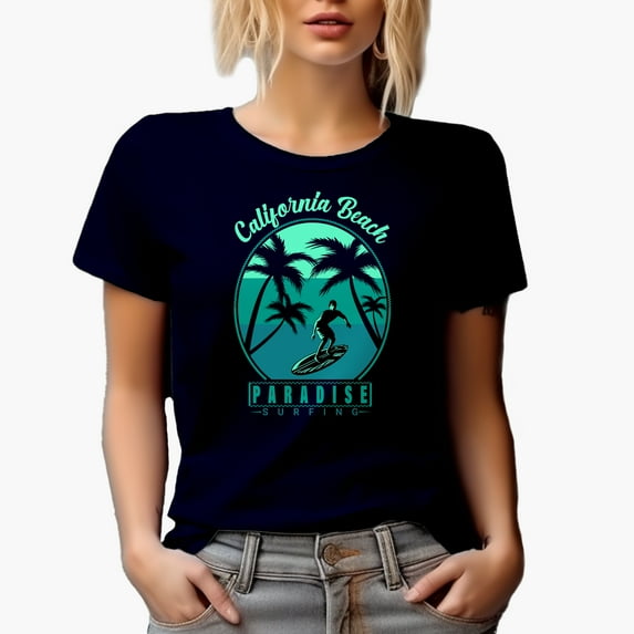 California Beach Paradise Surfing, Navy Blue T-Shirt, 2XL