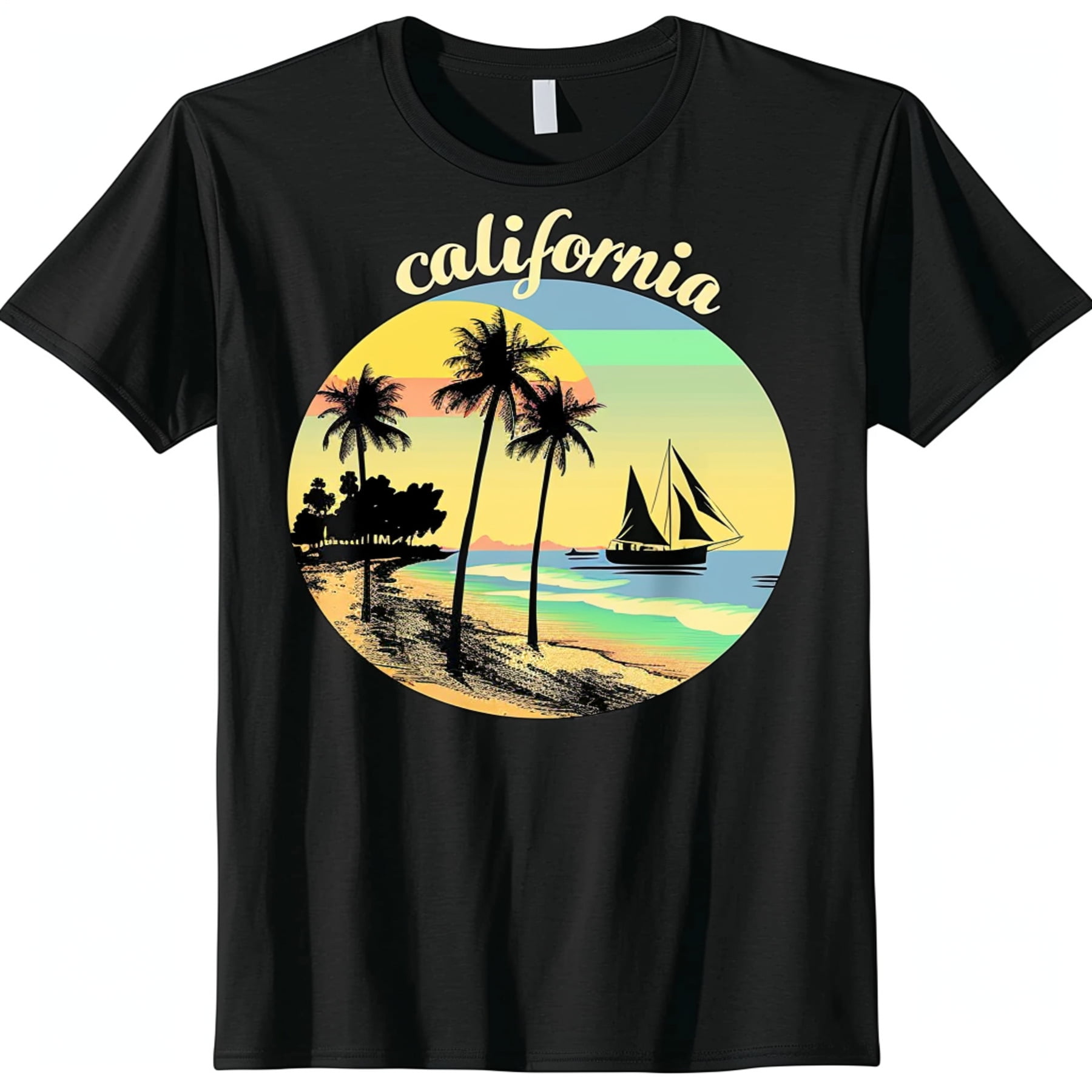 California Beach Sunset Palm Trees Sailboat Vintage Retro Black T Shirt 