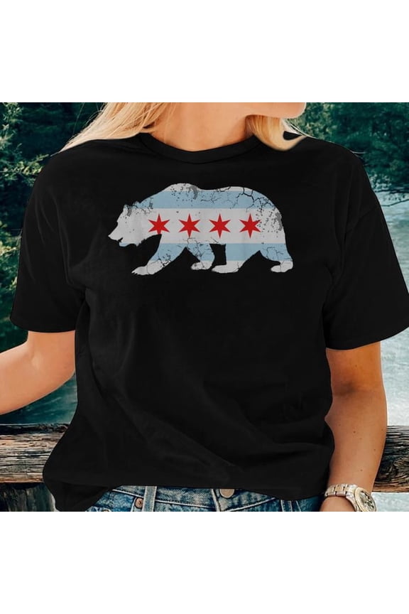 California Bear Chicago Flag Transplant Family Home Graphic Cotton T-Shirt Women Adult Soft Breathable Tee Casual Wear Comfortable Everyday Outfit, Size 3XL, Color Black