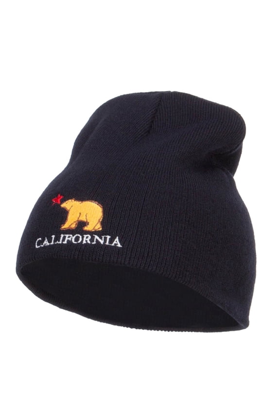 California Bear Embroidered Short Beanie - Navy OSFM