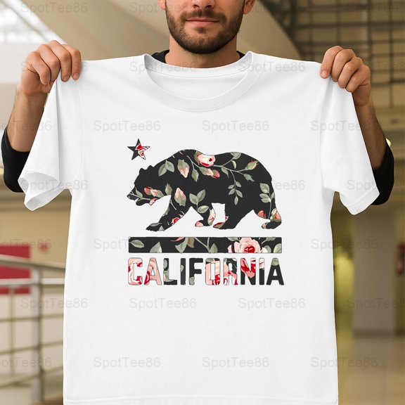 California Bear State Flag Floral Rose Themed Graphic Aesthetic V11581 Unisex T-Shirt, Up to Size 5XL