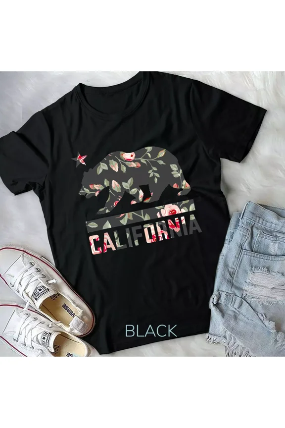 California Bear State Flag, Floral and Rose Themed Graphic Design Unisex T-Shirt
