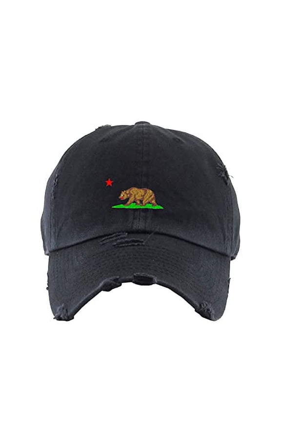 California Bear Vintage Baseball Cap Embroidered Cotton Adjustable Distressed Dad Hat Brush Black