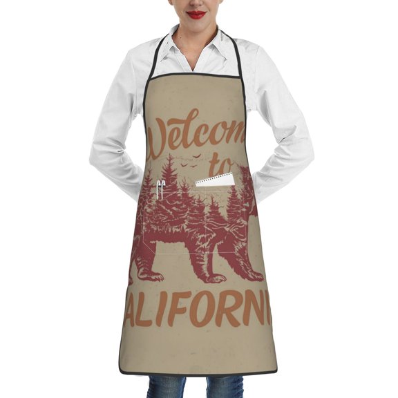 California Bear Vintage Mountain Apron with Pocket Cooking Waterproof Bib Aprons for Kitchen Baking Chef Gardening BBQ