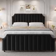 California Bed Frame with 50.2" Tall Headboard, Velvet Upholstered Platform Bed with Vertical Channel Tufted Headboard & Footboard, Nailhead Trim And No Box Spring Needed