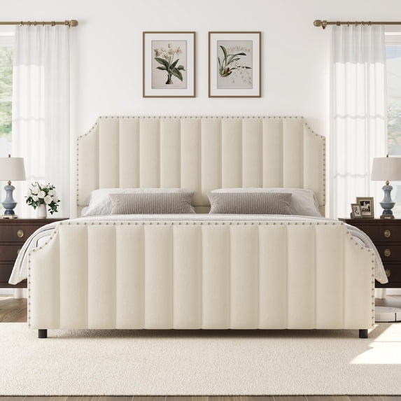 California Bed Frame with 50.2" Tall Headboard, Velvet Upholstered Platform Bed with Vertical Channel Tufted Headboard & Footboard, Nailhead Trim And No Box Spring Needed