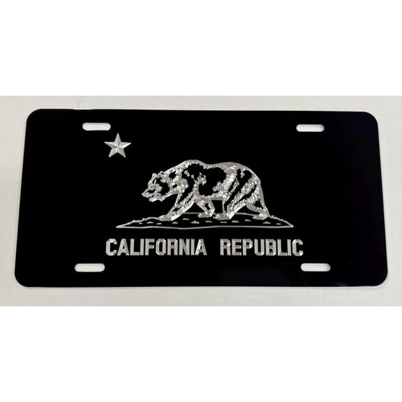 California CA State Flag License Plate Car Tag Diamond Etched Engraved Black Aluminum Metal Weatherproof & Rustproof
