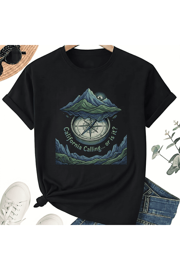 California Calling or Is It Compass Mountain Graphic Tee Funny Sarcastic Slogan Unisex Short Sleeve Neck T-shirt Black