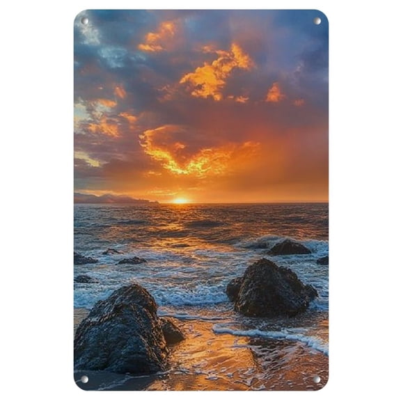 California Coastal Sunset Arch Rock Iron Wall Art, 8x12 inches - Frameless Metal Tin Sign for Home Decor