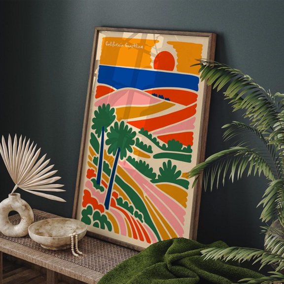 California Coastline Poster Colorful Retro Sunset Wall Art, Unframed Paper Poster 8x10in